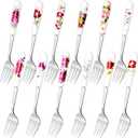 12Pcs Dinner Forks, Stainless Steel Floral Design Flatware with Ceramic Handle, Dessert & Table Forks for Home & Restaurant (12 Floral Patterns)