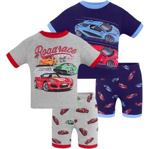 DAUGHTER QUEEN Race Cars Pajamas for Little Boys Summer Pjs 4T Toddler Kids 4 Piece 100% Cotton Short Sleeve Pj Sets Sleepwear Jammies Cars Clothes Size 4 Years Old XS