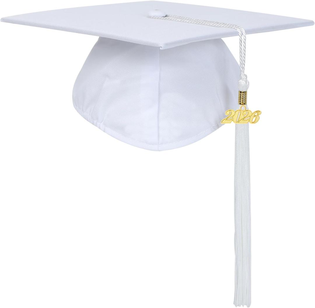 FtyFty Unisex Adult Matte Graduation Cap with Tassel Year Charm (White)