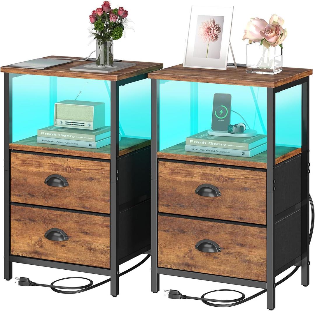 Rustic Brown Industrial Nightstand Set of 2, Bedside Table with 2 Fabric Drawers, 3-Tier Storage, LED Light, Charging Station, 11.38''D * 15.38''W* 24.75''H