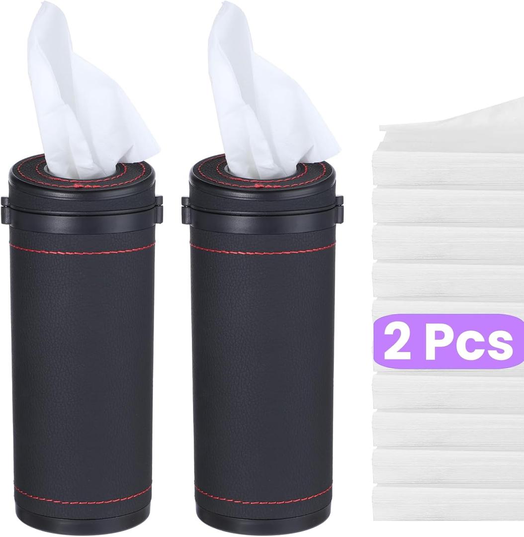 2 Pcs Leather Round Tissues Container with Tissues Cylinder Tissue Box with Window Breaker for Vehicle Bathroom Office (Black)