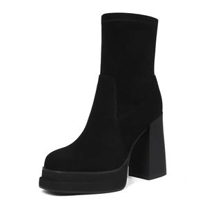 Wetviro Women's Platform Ankle Boots Chunky High Heel Square Toe Stretchy Short Gogo Combat Boots Booties for Women 10