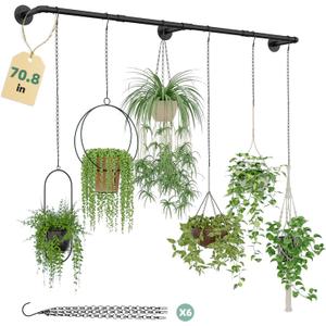 Galood Plant Hanger Indoor with 6 Hanging Chains Hanging Planters for Indoor Plants Hanging Plant Holder Window Plants Rod Black Metal Shelves(70.8 Inch Pot not Included