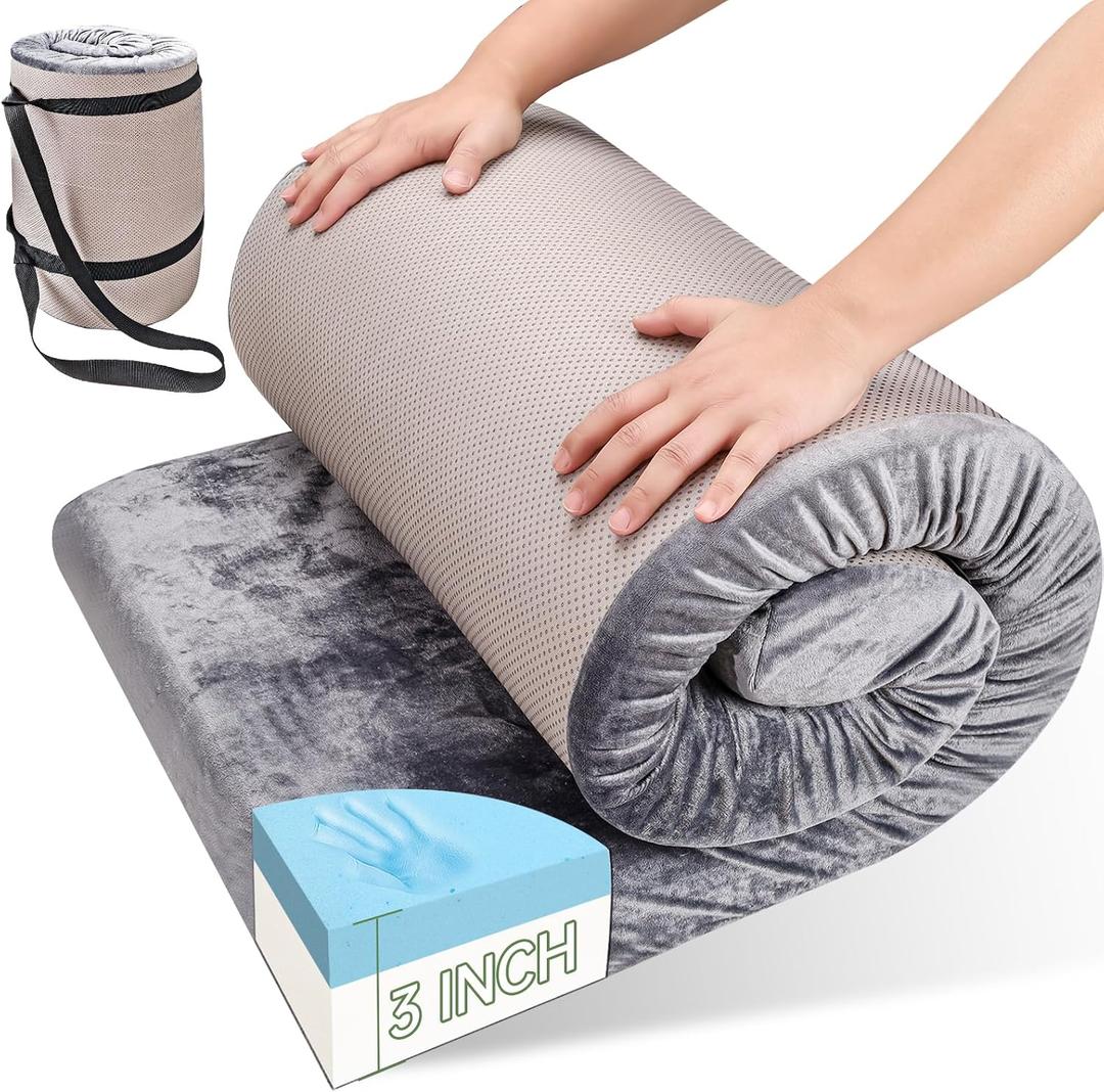 Camping Mattress Pad, 3 Inch Memory Foam Camping Mattress with Non-Slip Bottom & Washable Cover, Portable Roll Up Floor Camping Mat, Camping Sleeping Pad for Adults, Car Bed with Travel Bag, 75x 30 in