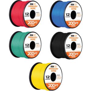 Iron Forge Cable 12 Gauge Primary Automotive Wire - 5 Roll Assortment Pack 1000 Ft Total Length - 200 Ft of Copper Clad Aluminum Wire per Roll - for Home or Automotive