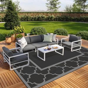GENIMO 10 ' x 14 ' Outdoor Rug Waterproof for Patio Decor, Foldable Reversible Plastic Straw Area Rugs Mat for Camper, Outside Carpet for Rv, Deck, Porch, Picnic, Beach, Balcony, Black & Grey