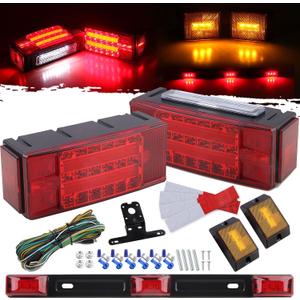 12V Submersible LED Boat Trailer Lights Kit, Rectangle LED Stop Brake Turn Signal Running License Light w/Amber Marker Lights Reflex, 15" 3-lamp Red Clearance Identification Trailer Light Bar