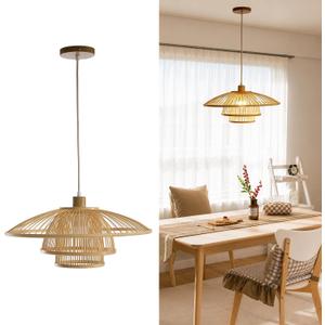 Pendant Light, Bamboo Boho Hanging Light with Adjustable Height, Large