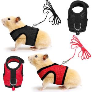 2 Pieces Guinea Pig Clothes Baby Ferret Rats Hamster Soft Mesh Harness Leash Vest Set with Bell for Guinea Pigs, Hamster, Ferret, Rabbit, Chinchilla and Similar Small Animals Black, Red