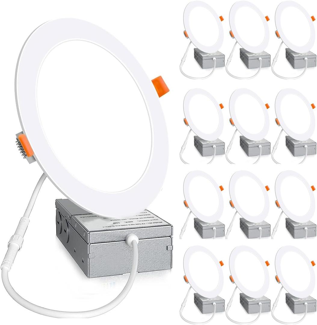 12 Pack 6 Inch 6000K Daylight Ultra-Thin LED Recessed Ceiling Light with Junction Box, 1080LM Brightness, LED Light Canless Wafer Downlight 12W 110W Eqv Can-Killer Downlight. (White)