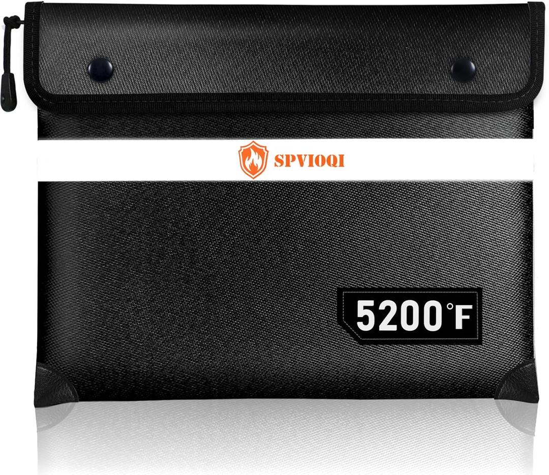 SPVIOQI Fireproof Document Bag 5200F with Heat Insulated, Fireproof Money Bag for Cash with Zipper and Reflective Strip, 14.2 X 11 Fireproof Safe Storage Pouch for Valuables (Black)