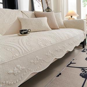vctops Cotton Quilted Couch Cover Farmhouse Counrty Floral Embroidered Sofa Cover Non Slip Soft Scalloped Sofa Slipcover Washable Furniture Protector for Dog Pet Cat (Cream,28"x70")