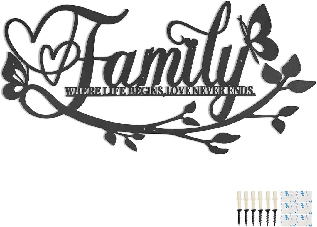 Family Where Life Begins Love Never Ends Word Sign Metal Wall Decor, 27x14in Large Black Iron Wall Art Plaque Decorations, Letters Quotes Wall Hanging Dcor for Living Room Bedroom