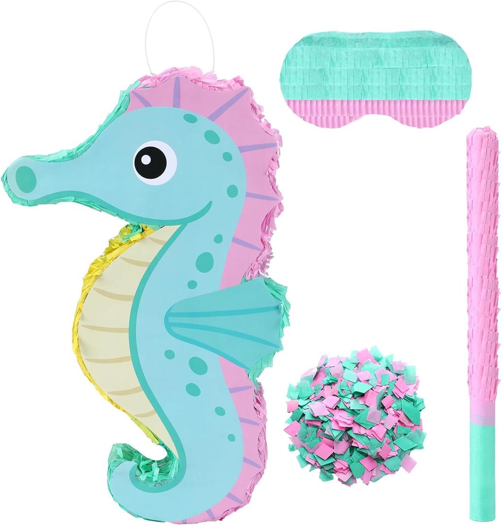 Tenceur Seahorse Piata Set Includes Piata Blindfold Stick and Confetti Birthday Summer Party Decorations Props