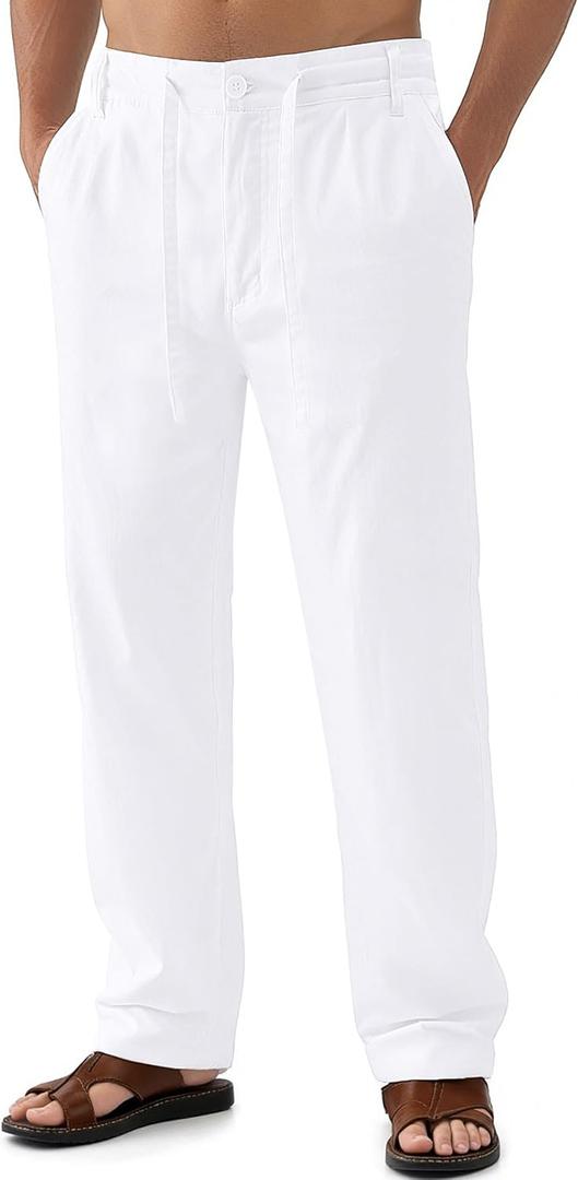 Janmid Men's Linen Pants Casual Elastic Waist Drawstring Yoga Beach Trousers (White)