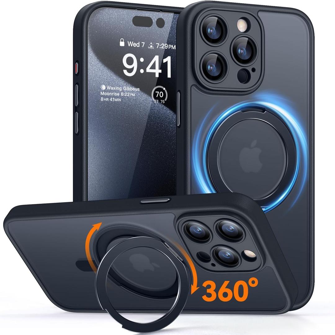 CANSHN 360 Spin Magnetic Stand for iPhone 15 Pro Case [Full Camera Protection] [Compatible with Magsafe] [Translucent Matte] Shockproof Protective Kickstand Phone Cover 6.1" - Black
