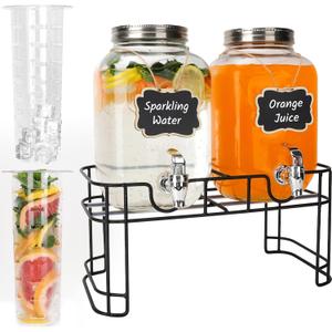 1 Gallon Glass Drink Dispensers, 2 Pack Clear Beverage Dispenser with Stand and Spigot for Parties, Drink Dispenser with Ice Core and Sticker for BBQ, Picnic, Lemonade Dispenser