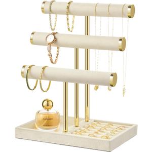 3 Tier Bracelet Holder Display - Detachable T Bar Beige Velvet Bracelet Holder, Jewelry Holder Organizer for Bracelet, Necklace, Earrings, Rings (Large)