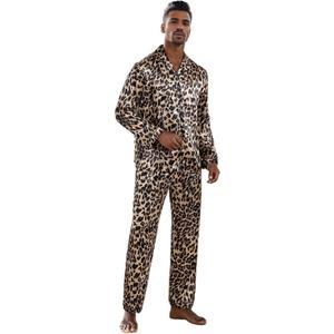 WDIRARA Men's Satin Leopard Lapel Neck Button Down Long Sleeve Top and Pants 2 Piece Pajama Set (Khaki, Small)