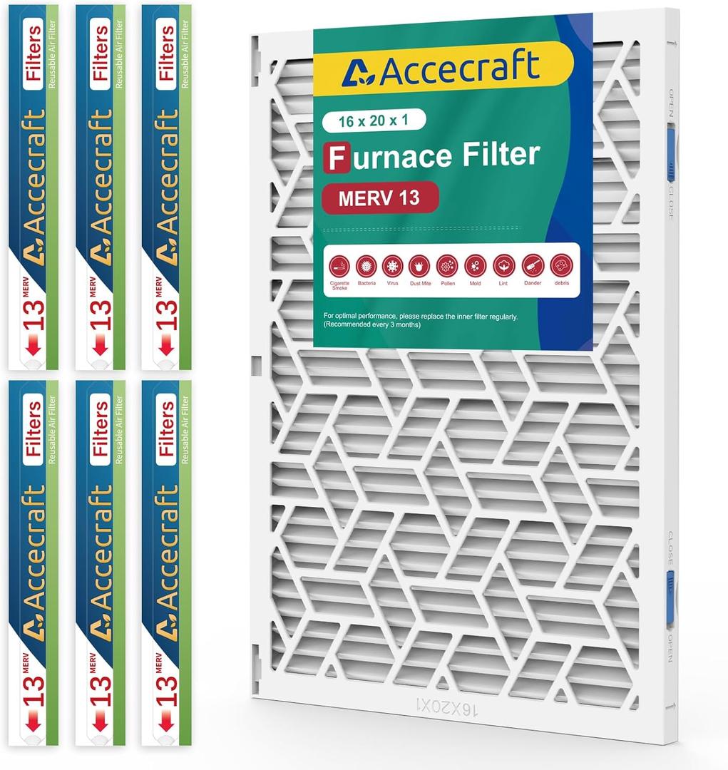 16x20x1 Air Filter MERV 13, Advanced Dust Defense,Cost-effective,1 Reusable ABS Frame + 6 Pack Replaceable, Quality Furnace Filter Media for AC & Furnace Applications1 Frame+6 Filter