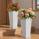 Front Porch Planters Outdoor Set of 2, 24" Tall Plastic Planters for Outdoor Plants with Drainage, Extra Large Outdoor Planter Pots, Tapered Tall Planters for Front Door & Indoor Plants, White