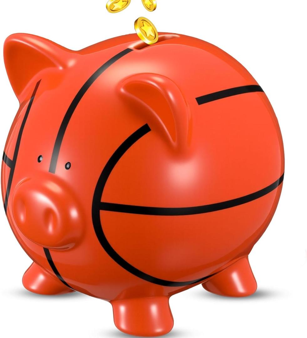 Funnymoom Ceramic Piggy Bank Mini Cute Money Saving Bank Porcelain Decor Coin Box Little Decoration Pig Money Container Special Birthday Christmas New Year Gift (Basketball)