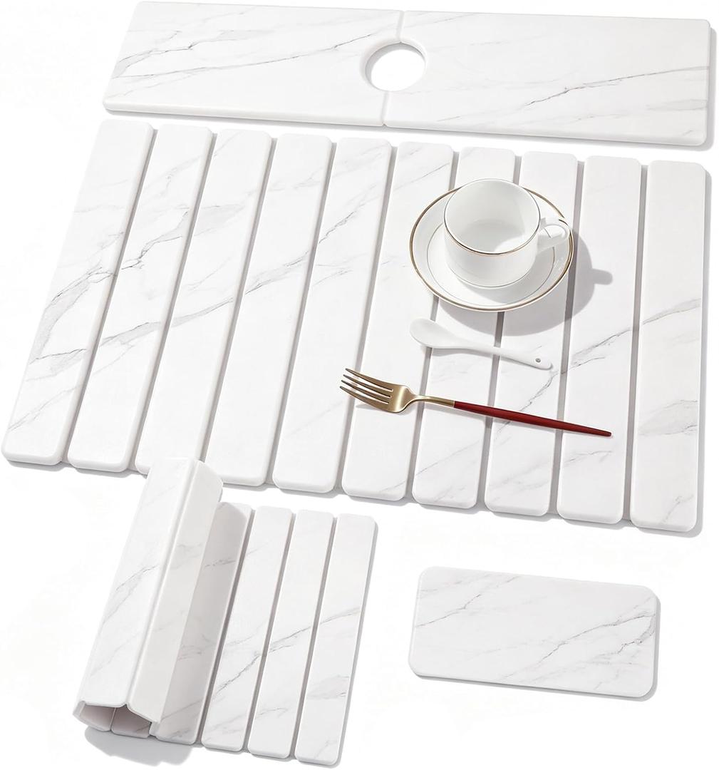 3 PCS Large Stone Dish Drying Mat for Kitchen Counter, Quick Dry Stone Dishes Mats, Sink Faucet Mat, Marble Water Absorbing Diatomaceous Earth Drying Pad for Countertop Tableware, Bottles
