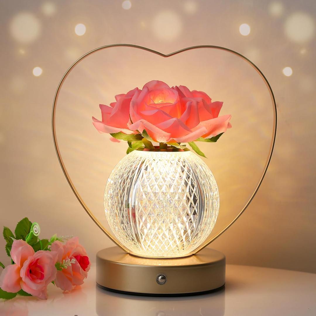 AMWGIMI Rose Flower Lamp, Birthday Gifts for Women, Rechargeable Cordless LED Touch Lamps,3-Colour Infinitely Dimming Small Night Light, for Living Room, Dining Room, Bedroom Festival Home Decor