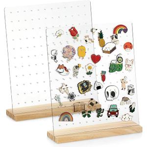 JUXYES Pack of 2 Clear Acrylic Enamel Pin Display Stand with Wooden Base. Tabletop Pin Organizer Display Storage Stand, Hold Up To 132 Pins