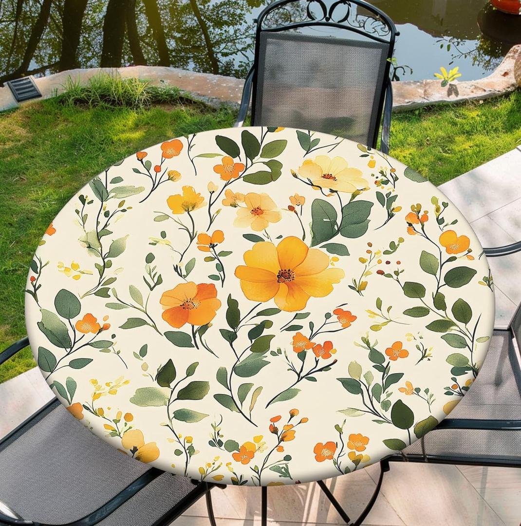 Round Tablecloth Fitted with Elastic, Fits for Table Round, Water Proof, Easy to Clean 54"-58" Table, 60Inch Tablecover, Wildflower