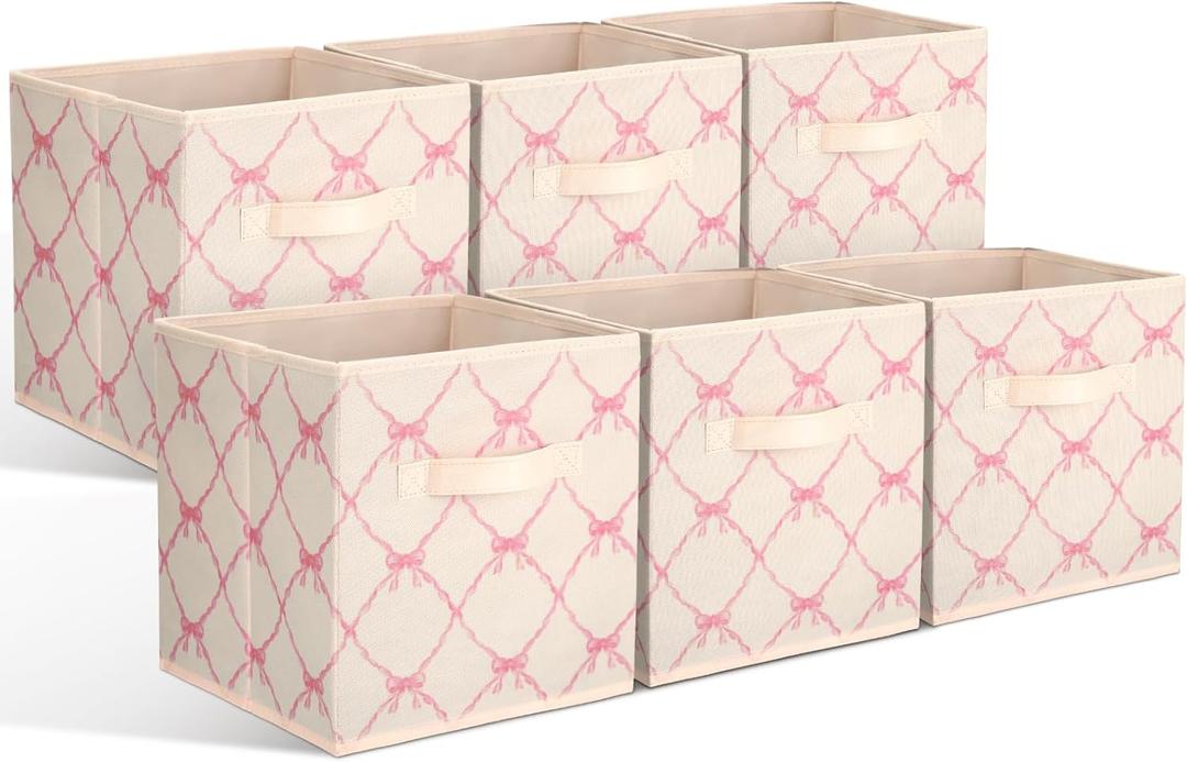 Geelin 6 Pcs Beige Bow Cube Storage Bins 13 Inch Storage Basket with Handle, Girls Organizer Basket, Collapsible Fabric Box for Classroom Bedrooms Office Home Decoration Gift (33*33*33cm, Pink)