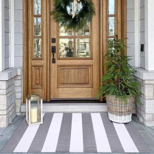 KOZYFLY Striped Outdoor Rug 27.5x43 Inches Front Door Rug Gray and White Hand Woven Cotton Washable Outdoor Doormats Outdoor Entrance Mat for Front Door Kitchen Entryway Patio Front Porch Decor (2ft4" x 3ft7" (Rectangular), Grey and White)