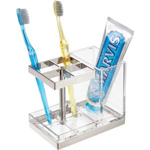 mDesign Plastic Toothbrush and Toothpaste Storage Organizer Holder - Home Decor for Bathroom Countertop - Holds Toiletries and Beauty Accessories - Lumiere Collection - Clear/Brushed