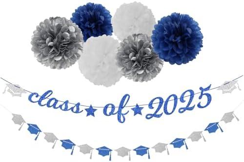 Navy-Blue White-Silver Party-Decorations Graduation Banner - 8pcs Kits Class of 2025 Cap Garland Streamers, Paper Tissue Pom Poms Flowers, Congratulations Grad Decor Lasting Surprise