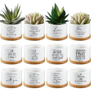 12 Pcs White Bible Verse Succulent Pots with Drainage 3.15 Inch Mini Ceramic Flower Planter Pot with Bamboo Tray Small Plant Pots Christian for Friends and Family, Plants Not Included