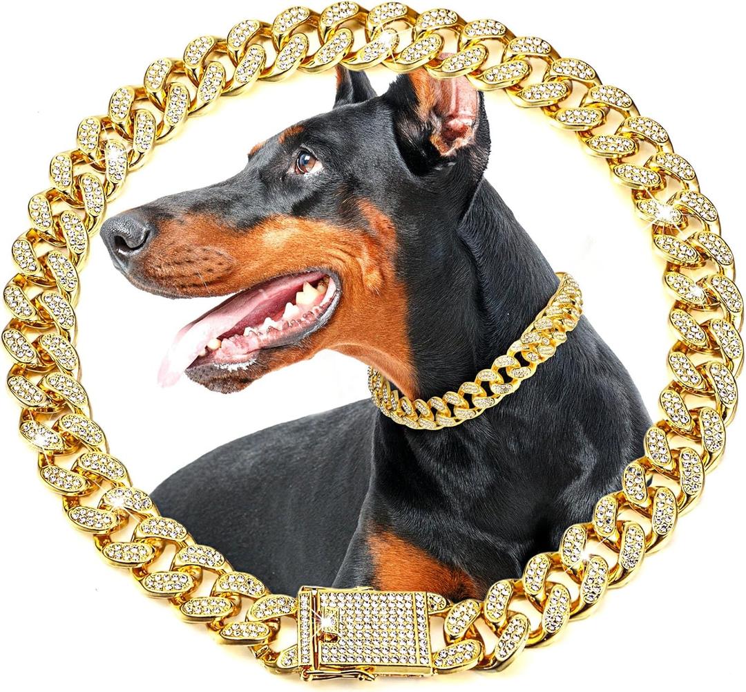 LEIFIDE Dog Chain Collar Gold 20 mm Wide Diamond Necklace for Medium Large Dogs (16 Inch)