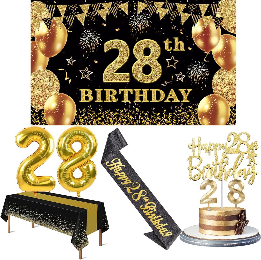 28th Birthday Decorations Men Women with 28th Birthday Banner, Black and Gold Table Cloth, Number Balloons, Large Sash, Cake Topper and Candles