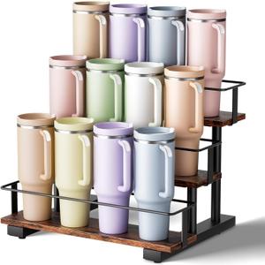 Stanley 40 oz Tumbler Compatible Organizer, 3-Tier Water Bottle Organizer with Wooden Shelves, Carbon Steel Rack Holds 12 Bottles, Kitchen & Bar Storage