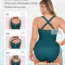SHAPELLX One Piece Swimsuit Women Tummy Control Full Coverage Bathing Suit with Mesh Wrap Skirt Modest Swim Dress (Blue, L)