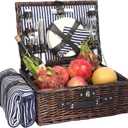 Picnic Basket for 4 Persons with Waterproof Picnic Blanket and Insulated Cooler, Large Wicker Picnic Basket for Camping, Outdoors, Valentine's Day, Christmas, Birthday, Wedding Gift