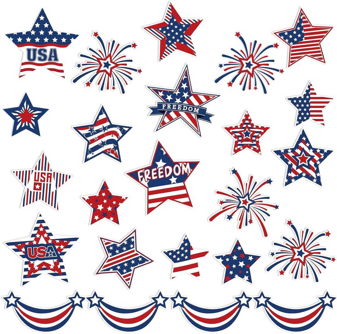 Whaline 24Pcs Patriotic Refrigerator Magnets 4th of July Stars Fireworks Refrigerator Magnetic Stickers Stars and Stripes Magnetic Decals for Independence Day Fridge Metal Door Cabinets Mailbox Decor