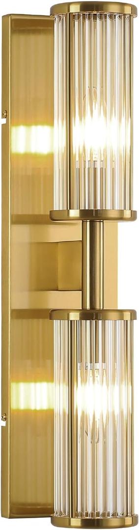 2-Light Modern Vanity Wall Lamp in Brushed Brass, Industrial Bathroom Lighting with Glass Rod Shades, Adjustable Modern Mirror Lights for Bedroom & Bathroom, Wall Sconce for Makeup Vanity, 20inch