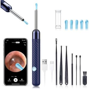 LEIPUT Ear Wax Removal - Earwax Remover Tool with 8 Pcs Ear Set - Ear Canal Cleaner with 1080P Camera - Ear Cleaning Kit with 6 Ear Spoon - Ear Camera for iOS & Android (Navy Blue)