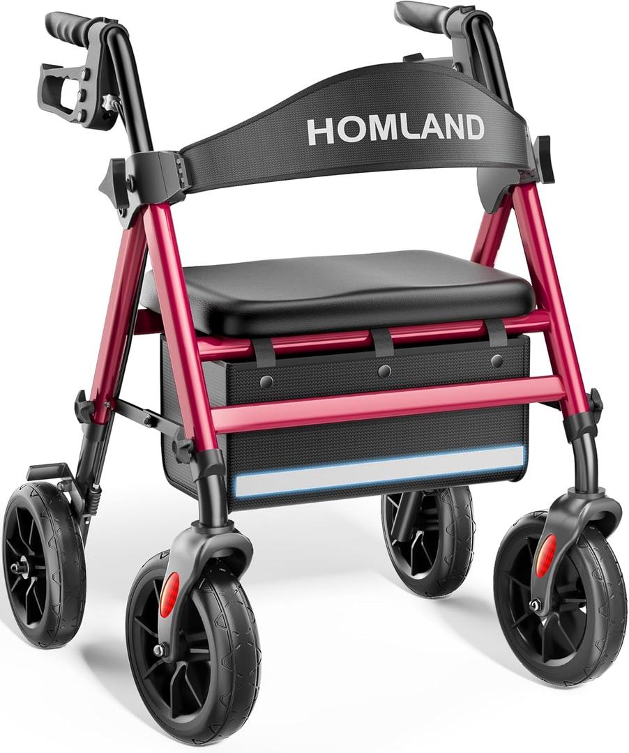 HOMLAND Rollator Walkers for Seniors with Seat, 8" All Terrain Wheels, Durable Aluminum Frame, Lightweight Foldable Walker with Ergonomic Seat, Height Adjustable Rolling Walker