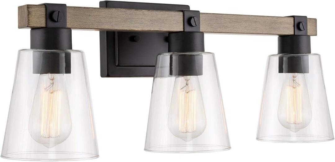 Kira Home Asher 23" 3-Light Farmhouse Vanity/Bathroom Light + Funnel Glass Shades, Smoked Birch Finish 