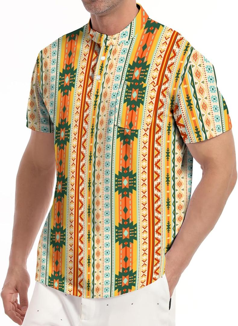 Golf Shirts for Men Printed Henley Shirts Collarless Golf Polo Shirt Short Sleeve with Pocket (Yellow), XXL
