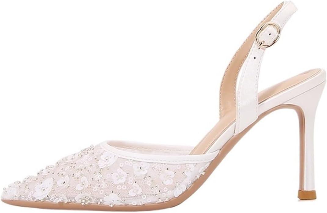 High Heels Front Cover Back Strap High Heel Sandals Women French Lace Wedding Party High Heels (5, White6.5cm)