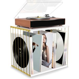 Emfogo Vinyl Record Storage, Metal & Wooden Vinyl Record Holder Up to 80 Album, 3-Compartment Record Player Stand for Magazine, Book, Files, Albums (White)