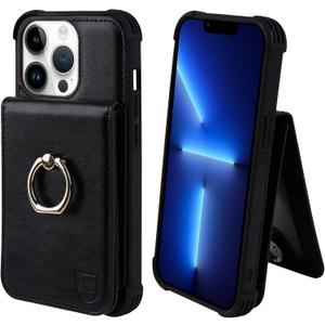 VANAVAGY for iPhone 13 Pro Wallet Case with Credit Card Holder and Coin Pocket[360 Rotation Ring Kickstand ],Leather Magnetic Clasp Flip Folio Phone Cover for Women and Men 6.1 Inch,Black