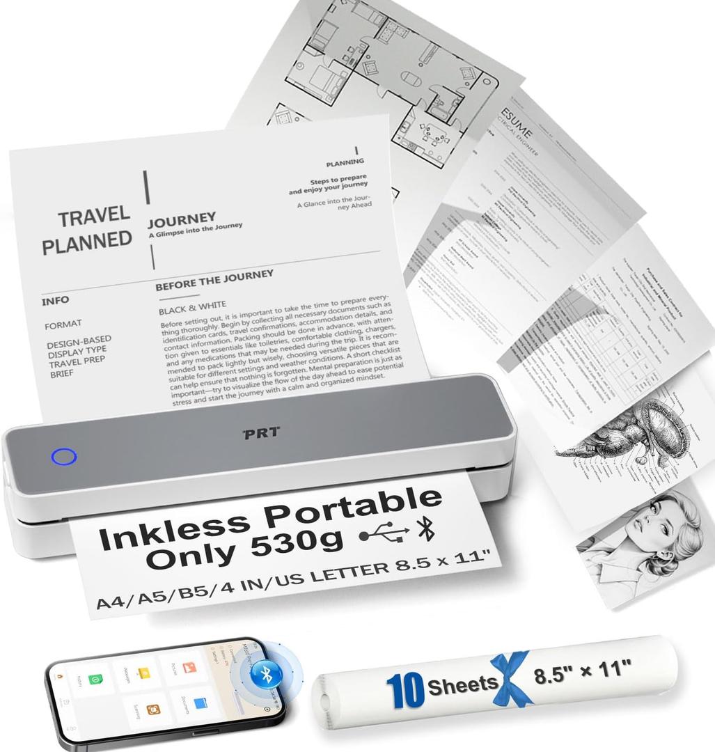 PRT Inkless Portable Printer for Travel, Wireless Thermal Printer Support 8.5 x 11 Inch US Letter A4 B5, Bluetooth Mobile Printers with iOS, Android, Laptop for Home Use, Car, Office, School, Grey